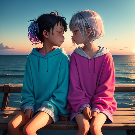 two anime girls sitting on a bench near the ocean at sunset, with the sun setting behind them and the ocean in the background