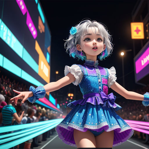 a cartoon character in a dress and gloves on a stage with a crowd of people in the background and a stage with a crowd of people