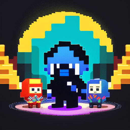a pixel art picture of a group of people standing in front of a sun setting with a pixel art background