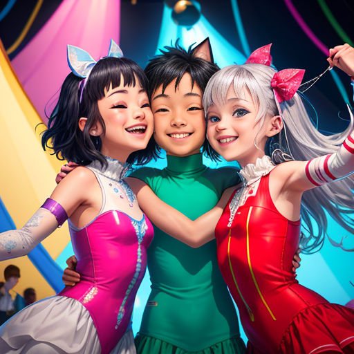 three girls in colorful dresses hugging each other in front of a stage with a cat on it's head