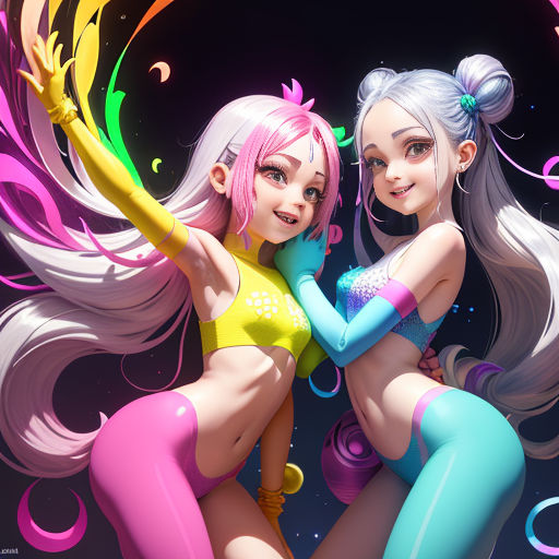 two cartoon girls with colorful hair and body paint posing for a picture together with a black background and a colorful swirl
