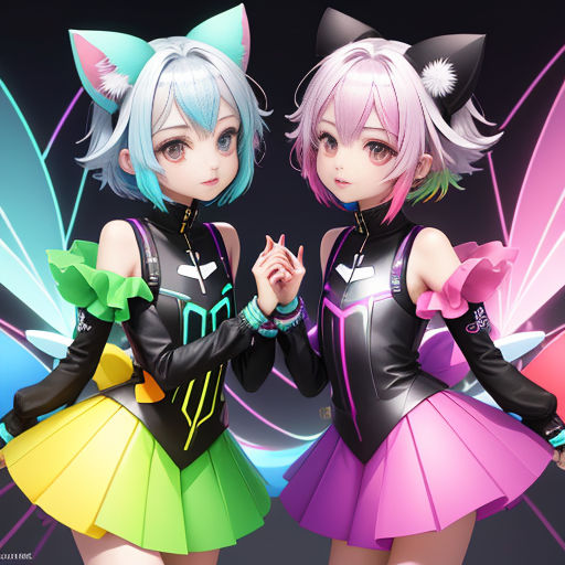 two anime girls dressed in colorful outfits and cat ears, one is holding a heart shaped object and the other is holding a heart shaped object