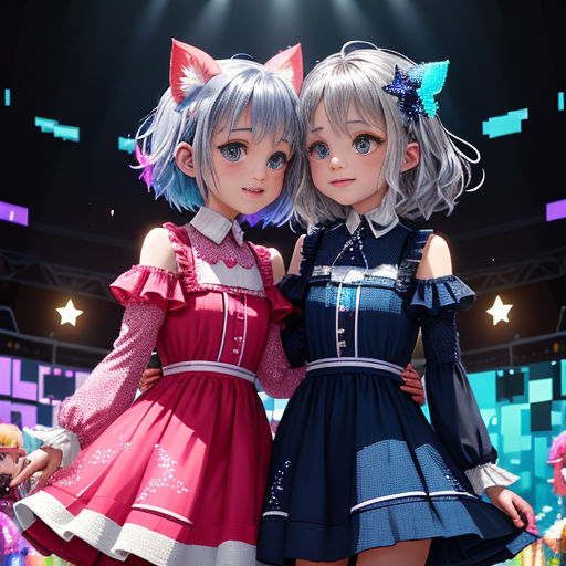 two anime girls standing next to each other in front of a stage with lights and a spotlight behind them