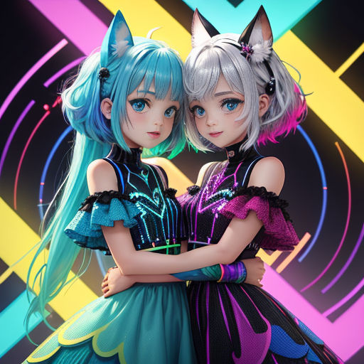 two dolls are dressed in colorful clothing and posing for a picture together in front of a colorful background with a cat