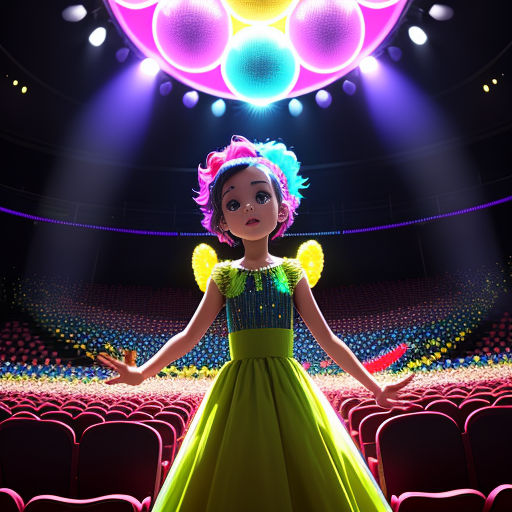a cartoon girl in a green dress standing in a theater with a spotlight on the stage behind her and a ballon ceiling