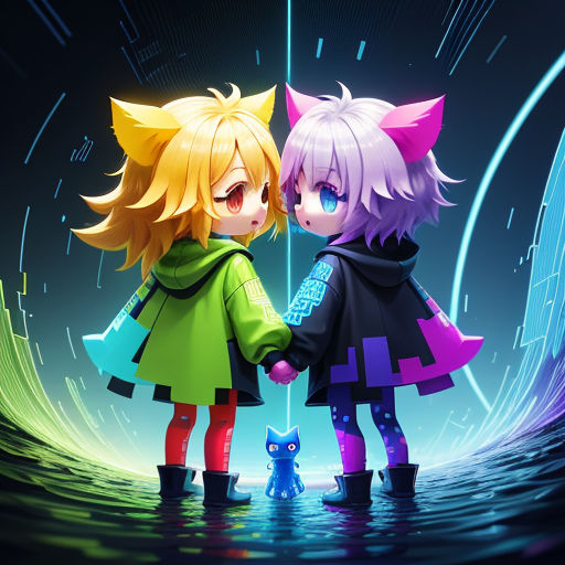 two anime girls holding hands in front of a blue background with a cat on it's back and a cat on the other side