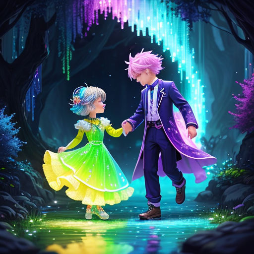 a couple of people that are standing in the water together with a rainbow dress and a purple coat on