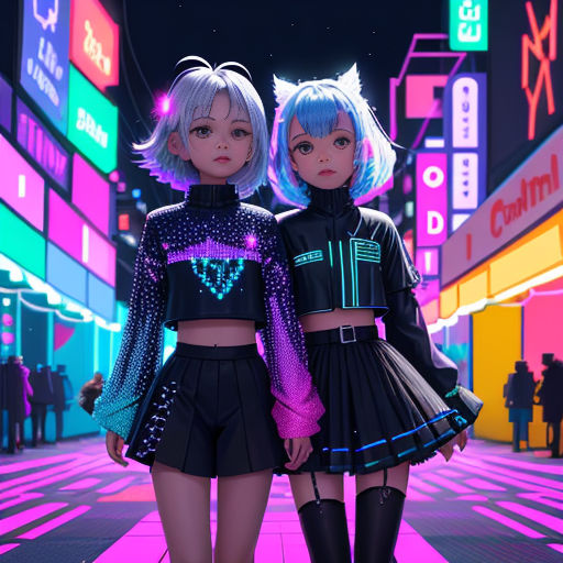 two anime girls standing in a neon city at night with neon lights on the buildings behind them and a neon neon background