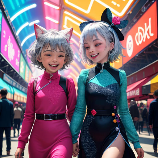 two girls in costumes walking down a street together in front of a neon sign that says neon nights on it