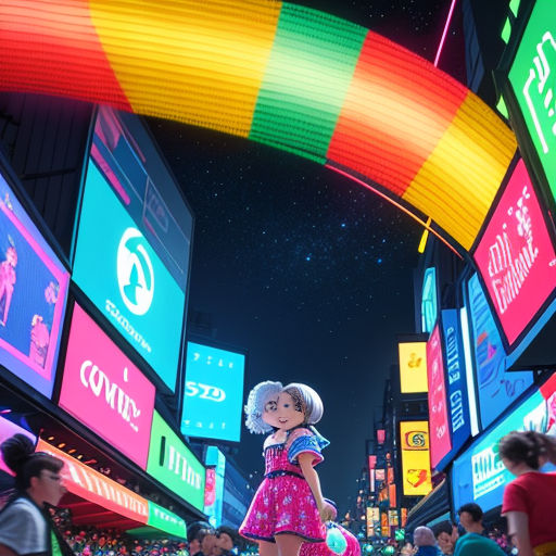 a girl in a pink dress standing in a crowded city street at night with a rainbow colored arch in the background