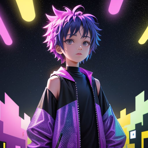 a young boy with purple hair and a black shirt is standing in front of a colorful background with neon lights