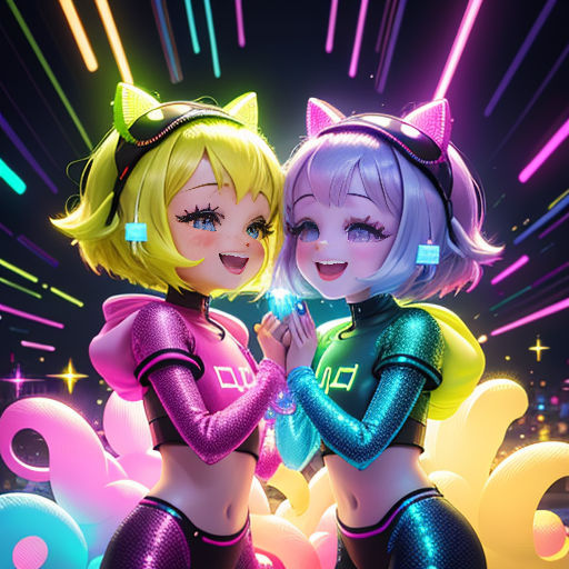 two cartoon girls standing next to each other in front of a neon background with stars and a cat on top