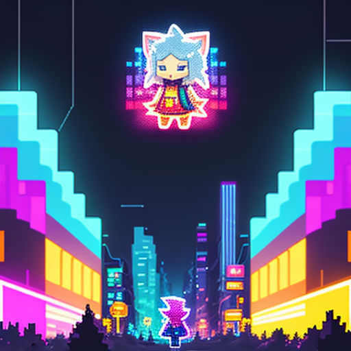 a pixel art scene with a person walking through the city at night with a neon light on the buildings