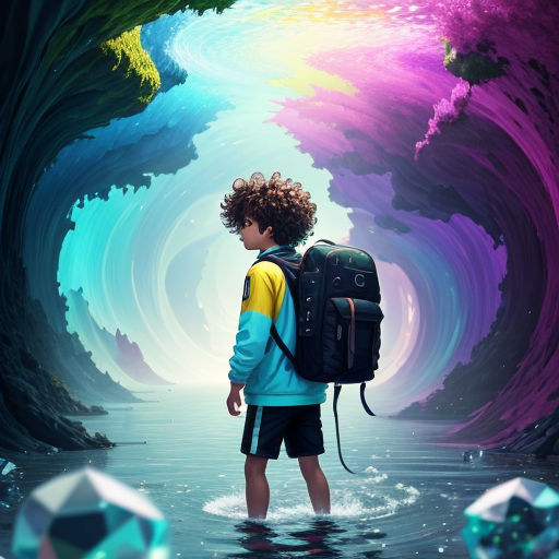 a boy with a backpack standing in a river looking at a colorful wave of water that is swirling in the background
