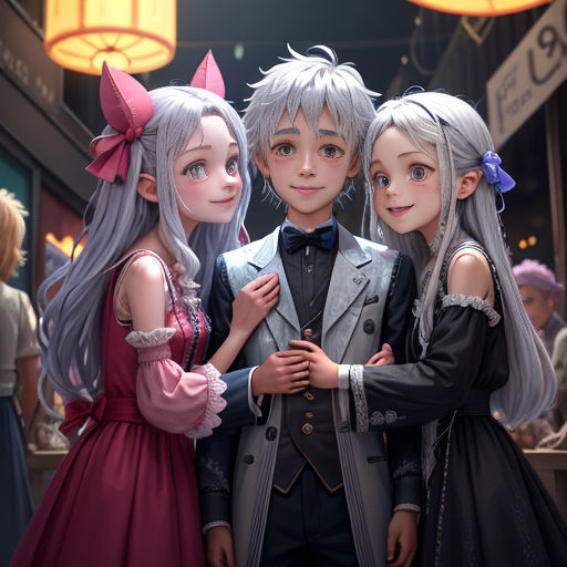 a group of three anime characters standing next to each other in a room with lights on and people in the background