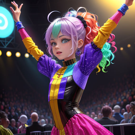 a cartoon character with colorful hair and a costume on, in front of a crowd of people, with their arms in the air