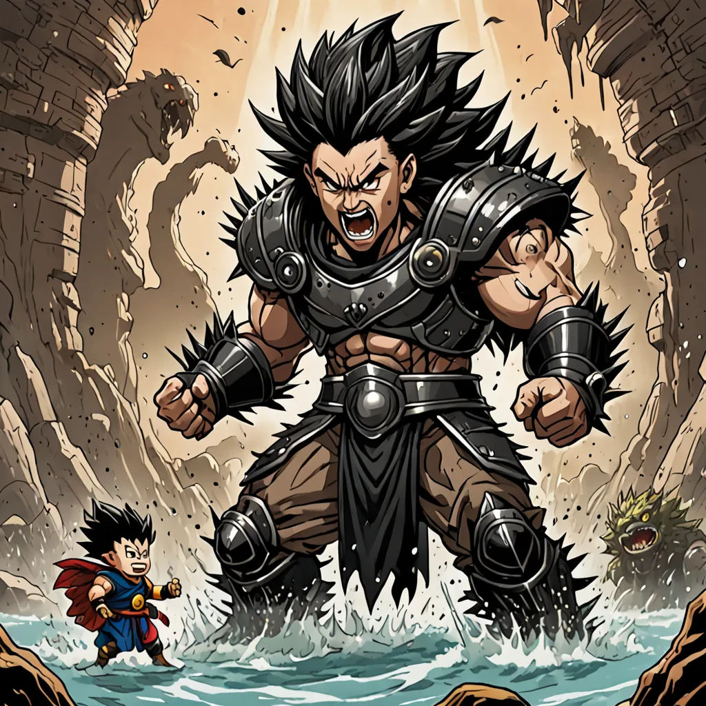 a cartoon of a man with a huge body of water and a demon on his back, with a huge head and shoulders, superflat, a comic book panel, Akira Toriyama, comic cover art