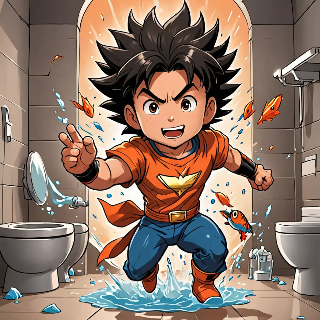 a cartoon of a boy in a bathroom with a fish in his hand and a toilet in the background, lyco art, a comic book panel, Adam Manyoki, official art