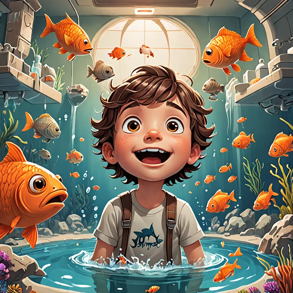 a boy is in a fish tank with goldfishs around him and a window to the other side, fantasy art, a storybook illustration, Diego Gisbert Llorens, rossdraws global illumination