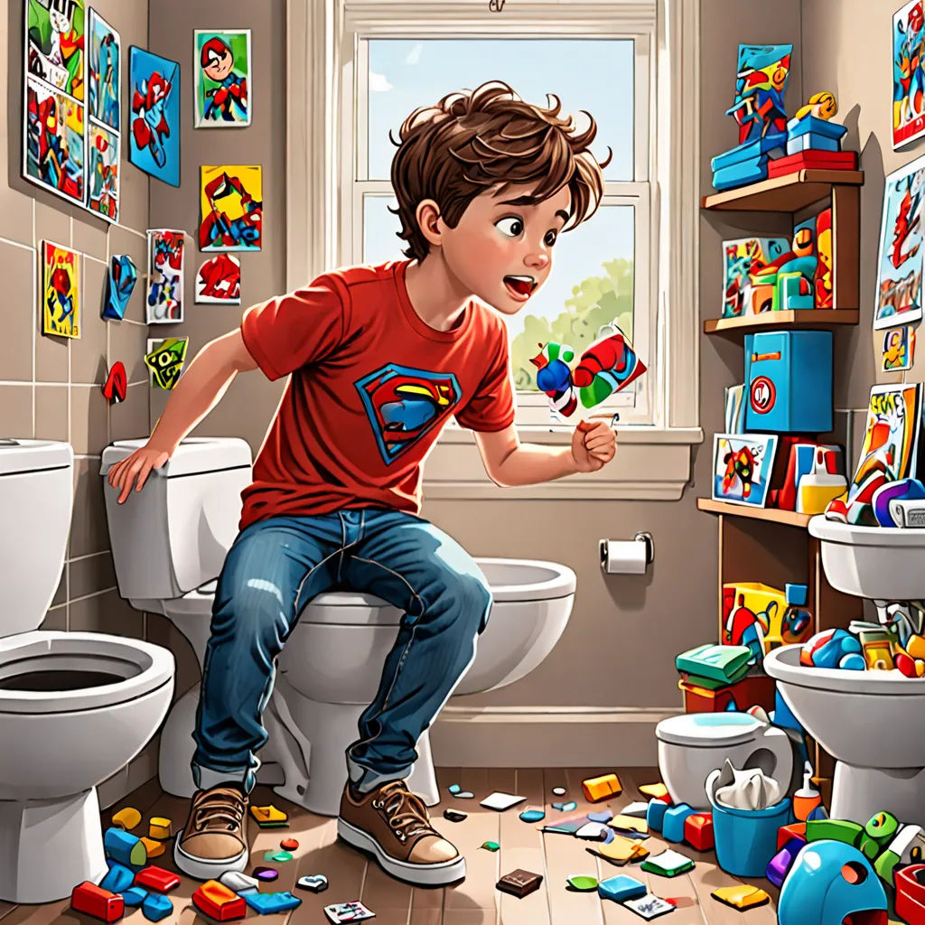 a boy is playing with toys in a bathroom with a toilet and a window in the background and a bunch of toys scattered around, photorealism, a storybook illustration, Chris LaBrooy, highly detailed digital painting