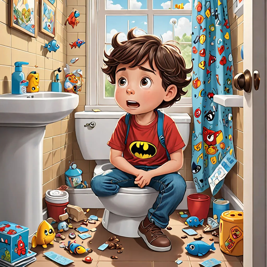 a boy sitting on a toilet in a bathroom with toys all around him and a sink and toilet in the background, photorealism, a storybook illustration, Diego Gisbert Llorens, highly detailed digital painting