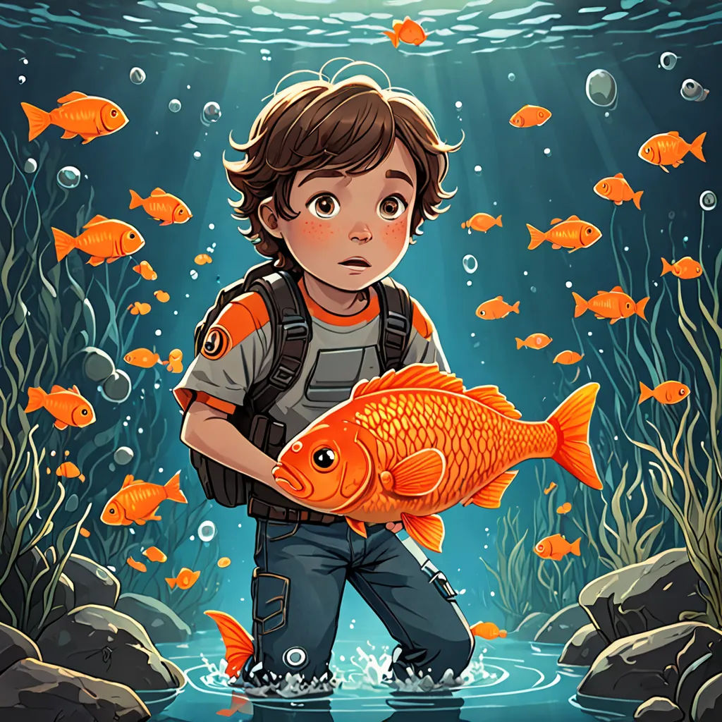 a boy holding a fish in a body of water with a lot of fish around him and a light shining on him, fantasy art, a storybook illustration, Diego Gisbert Llorens, lostfish