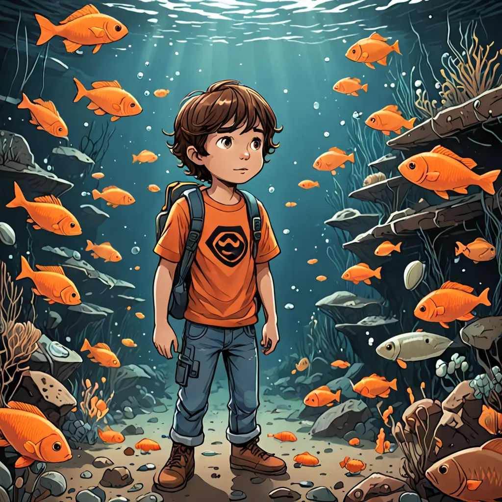 a boy standing in front of a large aquarium filled with fish and corals with a backpack on his back, fantasy art, a storybook illustration, Diego Gisbert Llorens, lostfish