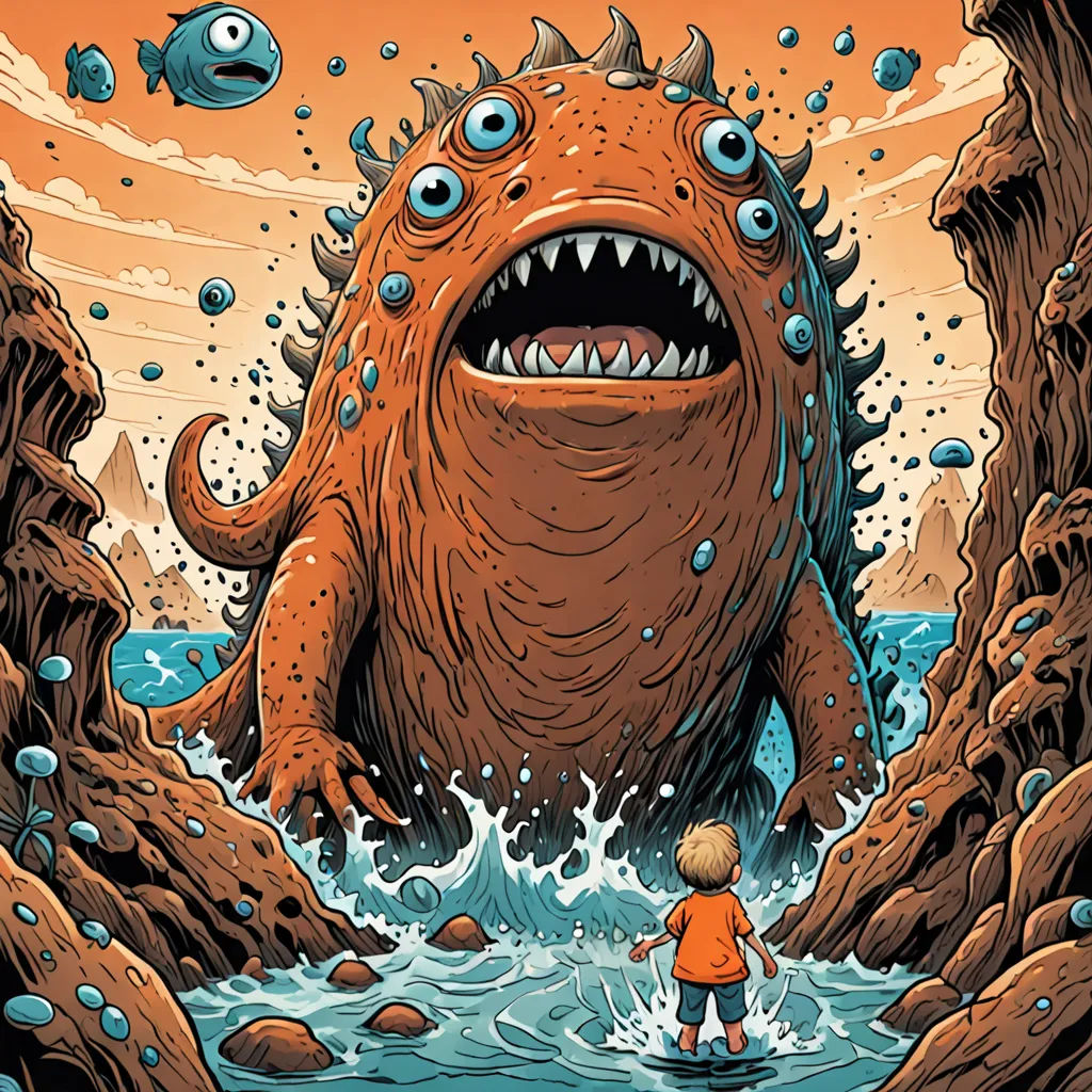 a cartoon of a monster with a child in the water near rocks and a fish in the water with a man standing in the water, pop surrealism, a storybook illustration, Chris LaBrooy, josan gonzales and dan mumford