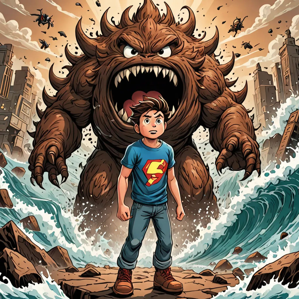 a young boy standing in front of a giant monster with a huge mouth and a city in the background, sots art, a comic book panel, Diego Gisbert Llorens, comic cover art