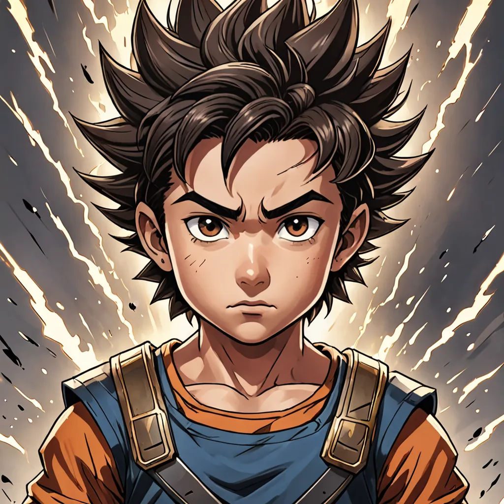 a young man with black hair and a blue shirt is staring at the camera with lightning behind him and lightning behind him, sots art, a comic book panel, Akira Toriyama, comic cover art