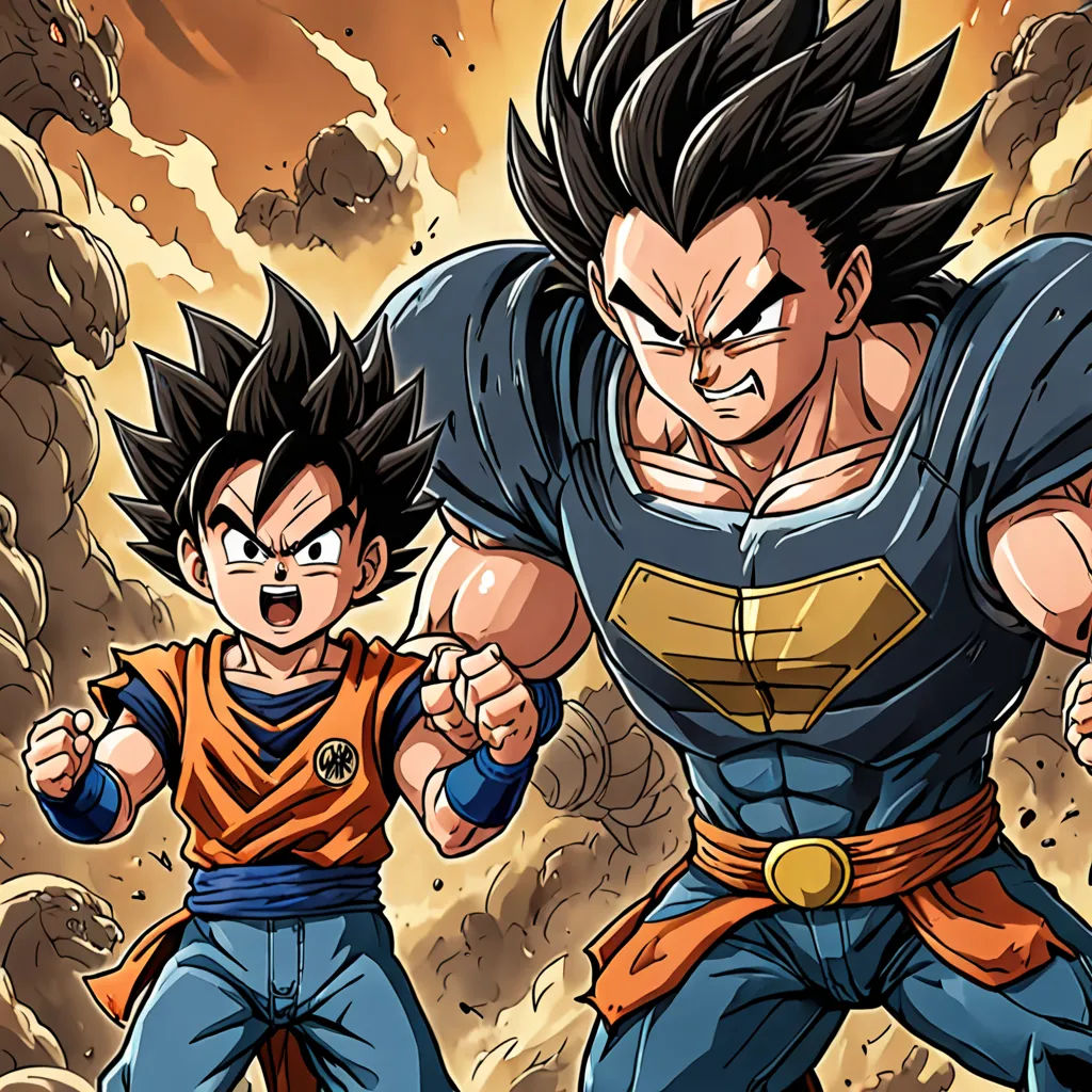 a cartoon of two young gohan fighting in front of a volcano background with smoke and rocks in the background, sots art, a comic book panel, Akira Toriyama, official art