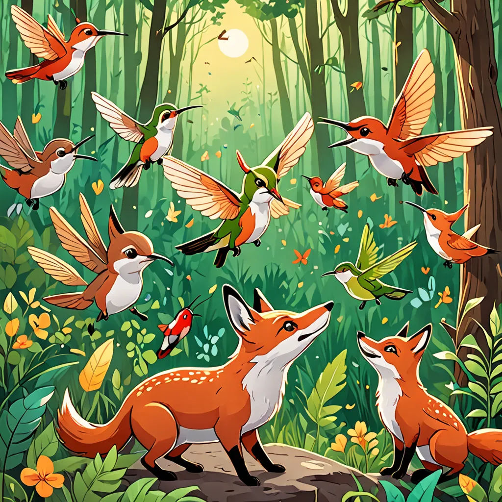 a painting of a forest with many birds and a fox in flight, and a bird in the foreground, fantasy art, a storybook illustration, Chris LaBrooy, birds