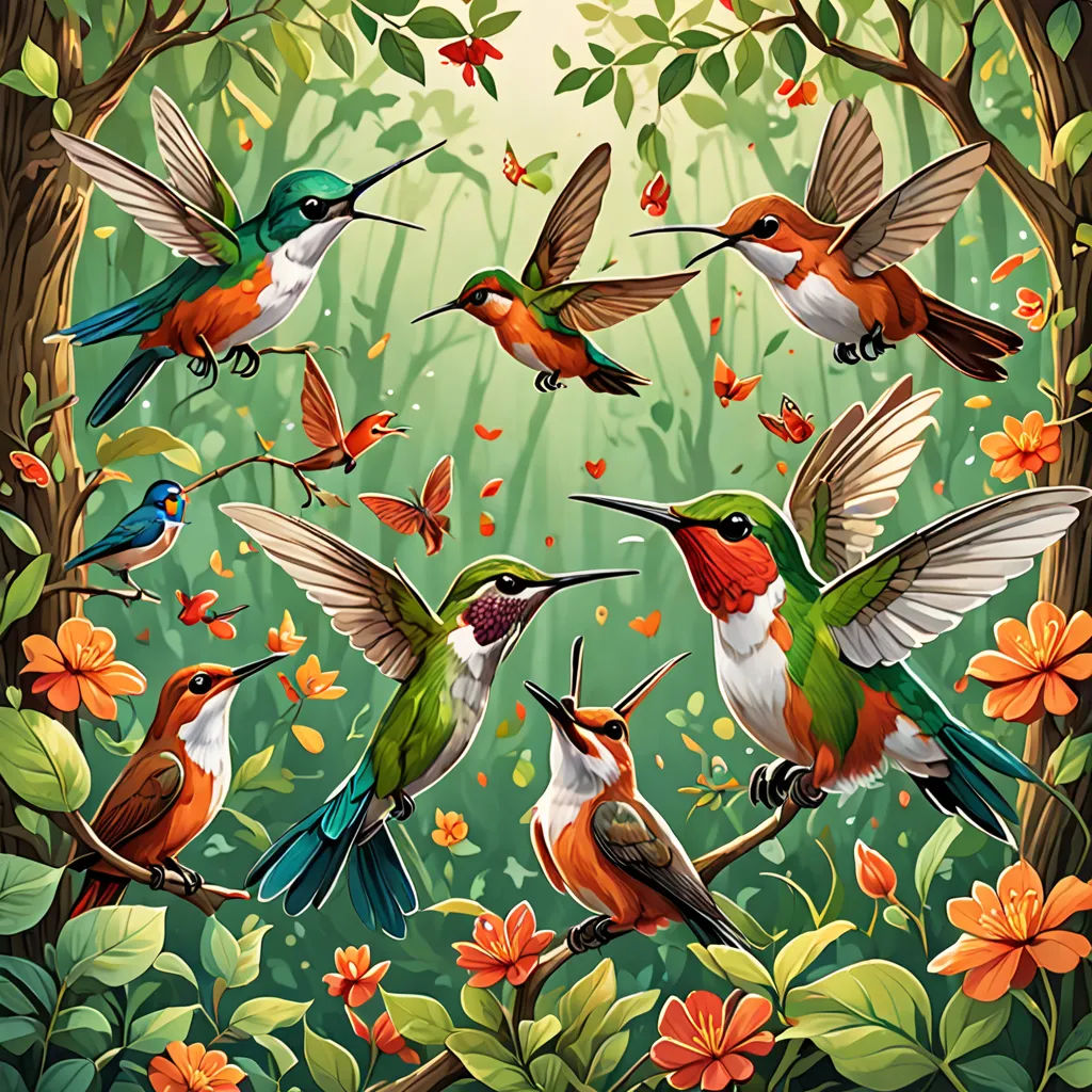 a painting of a group of hummingbirds in a forest with flowers and butterflies around them, with a sun shining through the trees, fantasy art, a detailed painting, Dan Mumford, birds