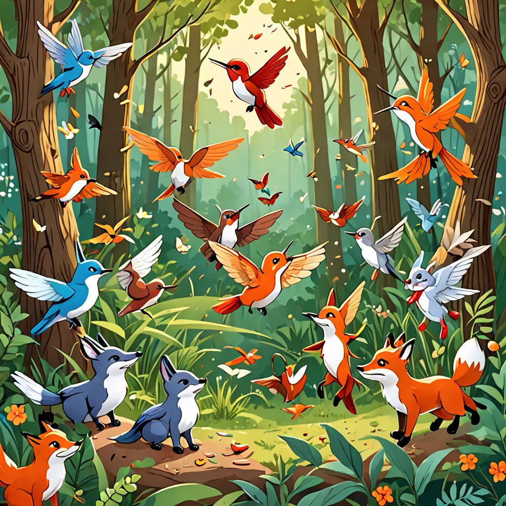 a painting of many birds flying in the air over a forest floor with trees and flowers on the ground, furry art, a storybook illustration, Chris LaBrooy, birds
