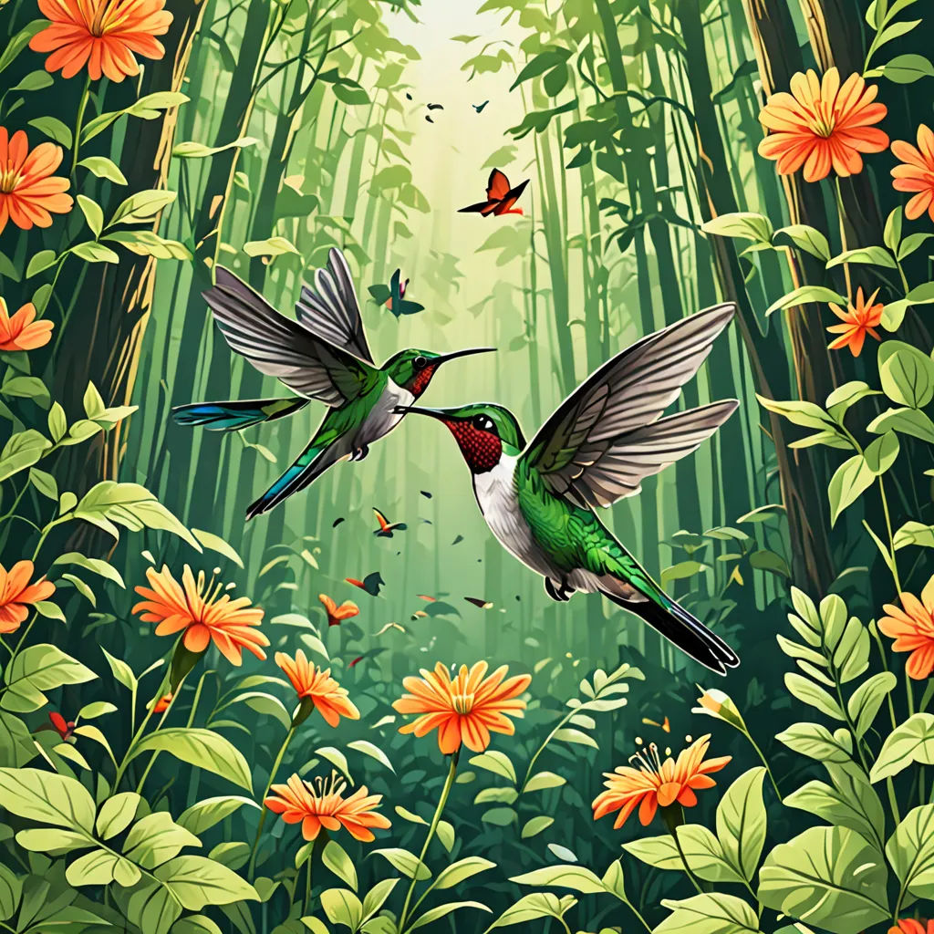 a painting of two hummingbirds flying over a forest of flowers and butterflies with a butterfly in the background, magic realism, a storybook illustration, Chris LaBrooy, highly detailed digital painting