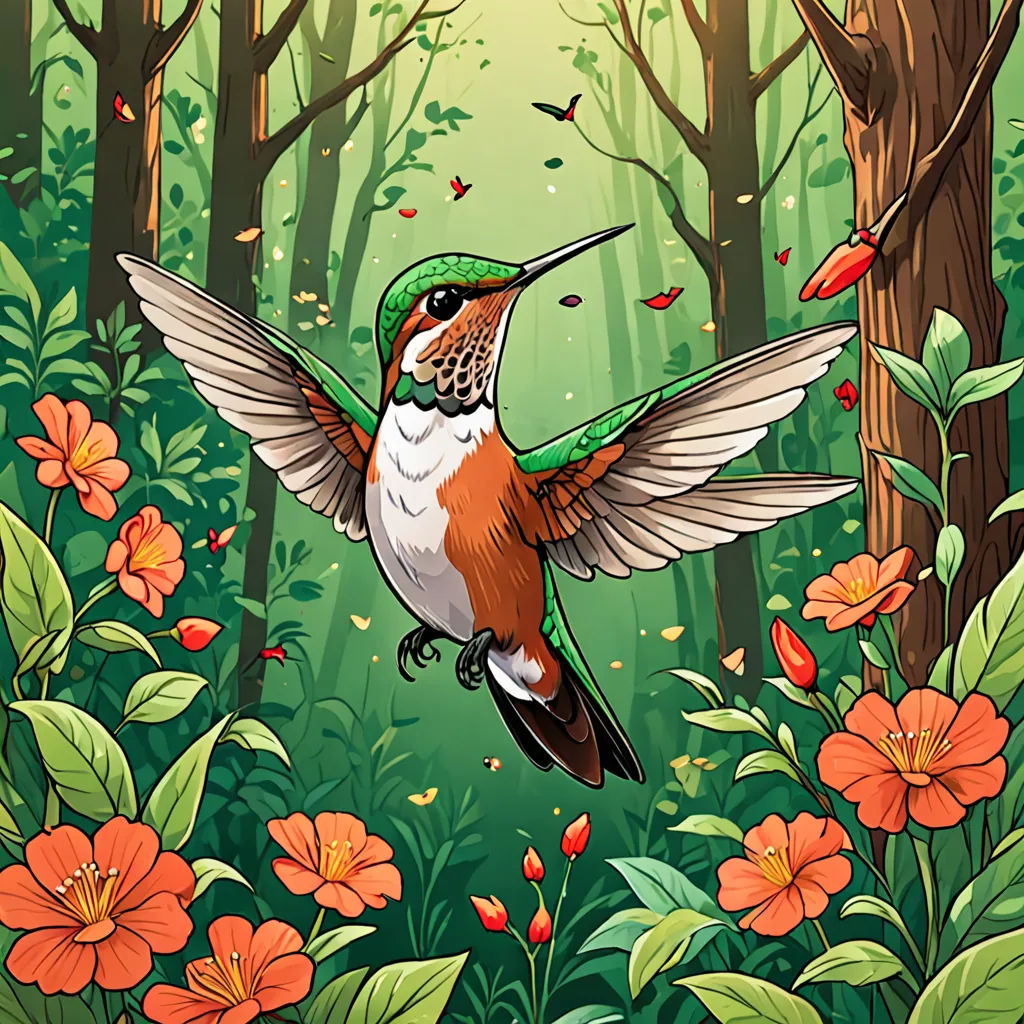 a hummingbird flying through a forest filled with flowers and trees with a hummingbird hovering over the ground, fantasy art, a storybook illustration, Dan Mumford, game art