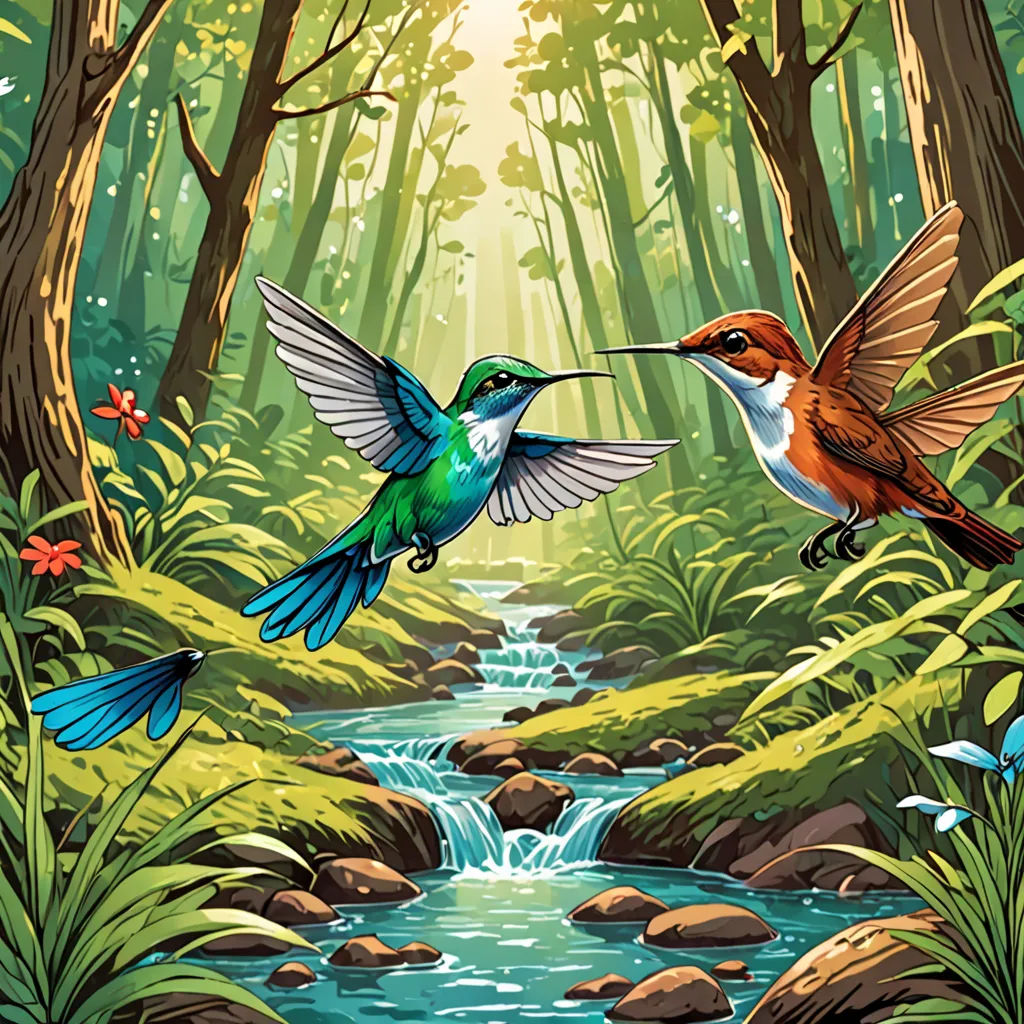 two birds flying over a stream in a forest with a stream running through it and a forest with rocks and trees, magic realism, a storybook illustration, Chris LaBrooy, birds