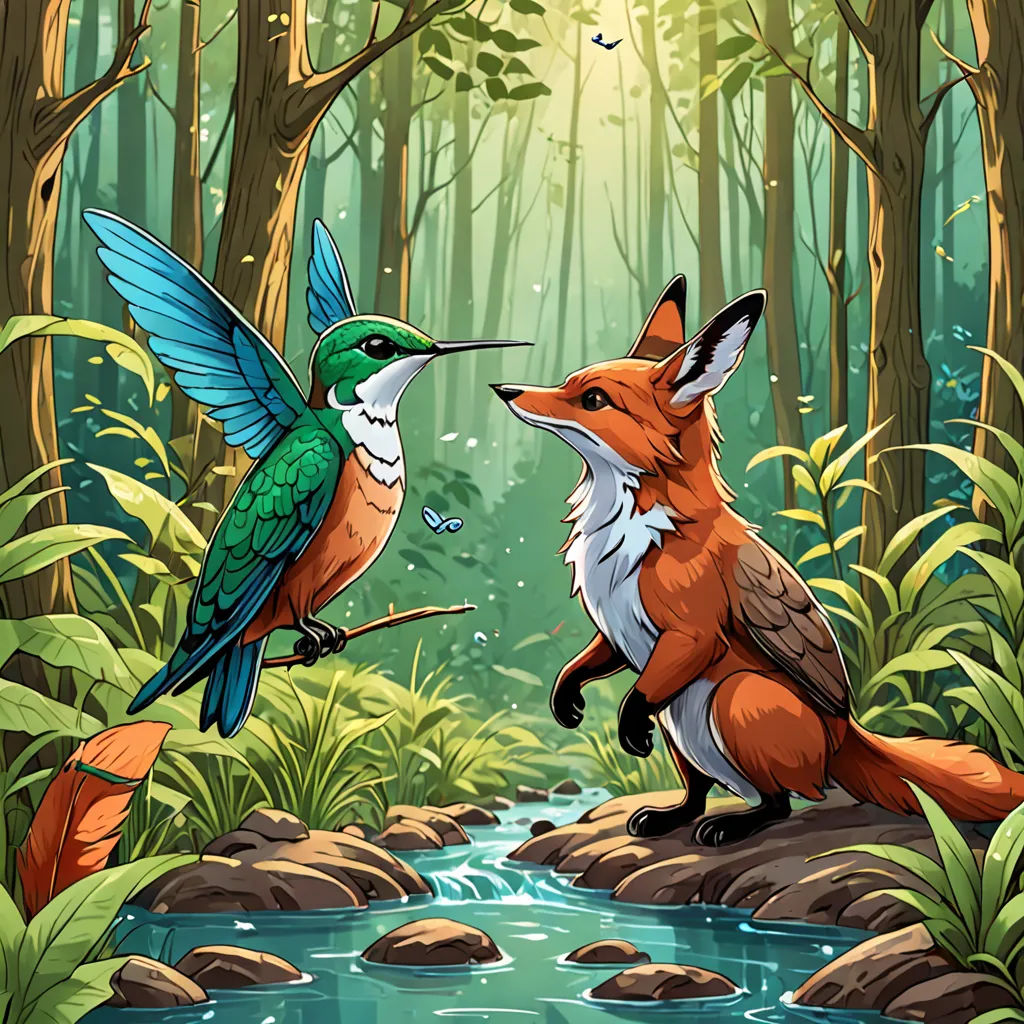 a couple of birds that are standing in the dirt near a river and trees with leaves on it and a bird flying over the water, fantasy art, a storybook illustration, Dan Mumford, storybook illustration