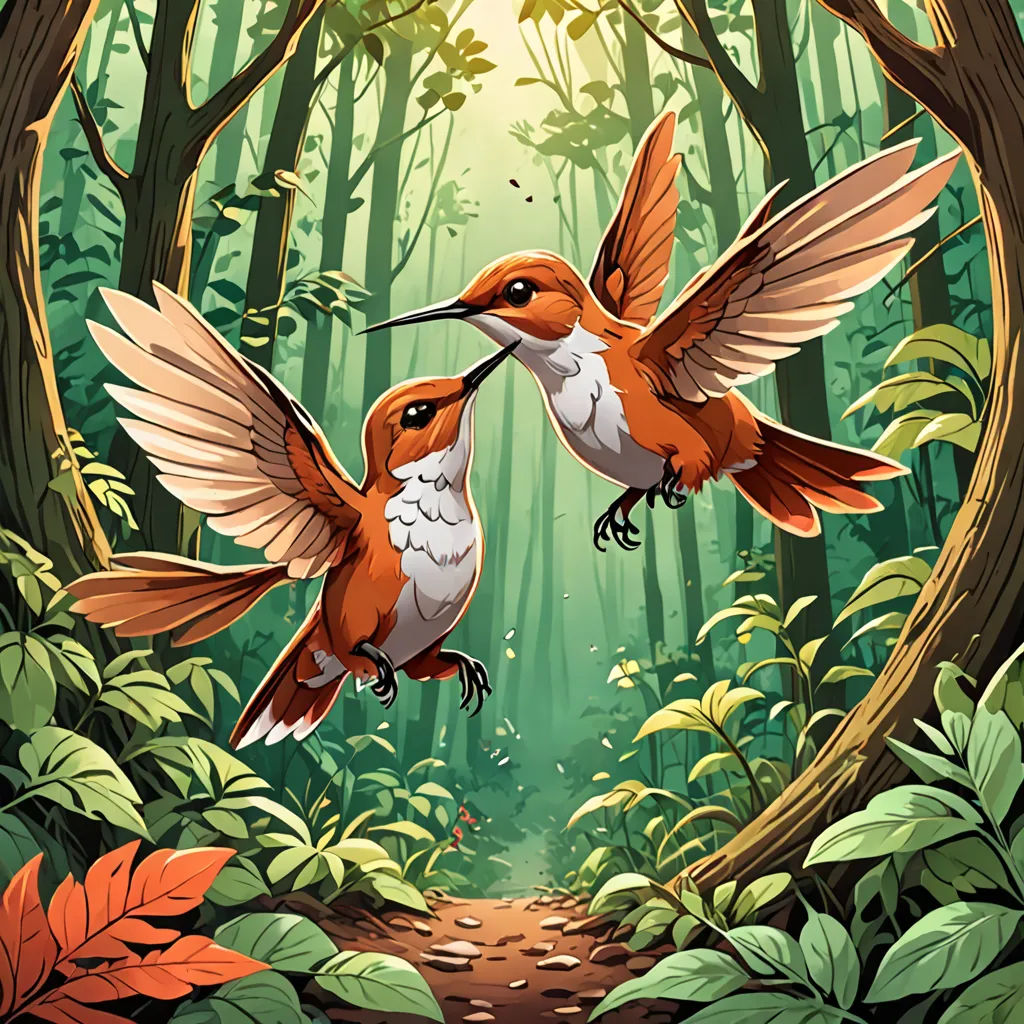 two birds are fighting in the forest with each other's beaks in their mouths, with leaves surrounding them, fantasy art, a storybook illustration, Dan Mumford, birds