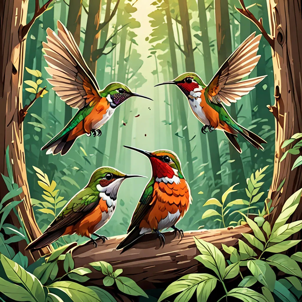 a group of birds sitting on a tree branch in a forest with green leaves and a sun shining through the trees, fantasy art, a storybook illustration, Dan Mumford, highly detailed digital painting