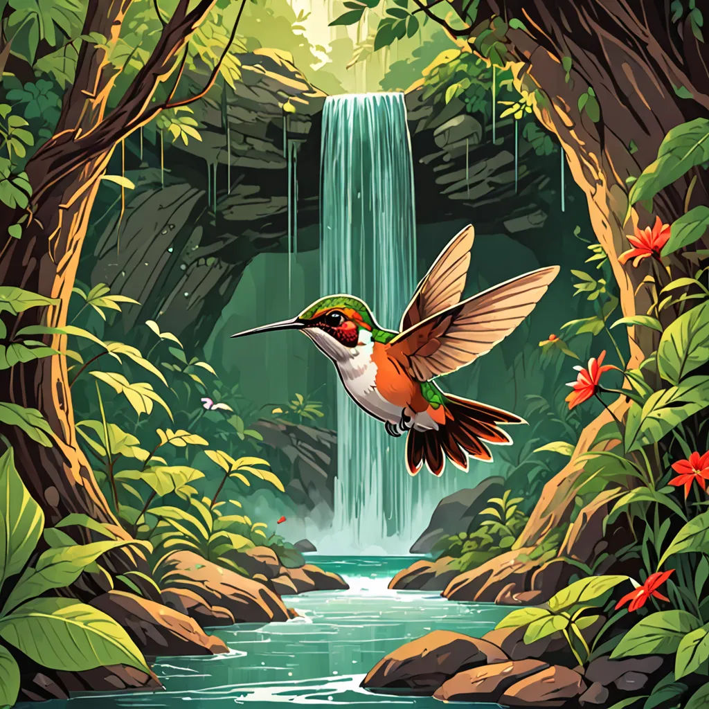 a hummingbird flying over a waterfall in the forest with a waterfall in the background and a stream running through it, environmental art, a storybook illustration, Chris LaBrooy, rossdraws global illumination