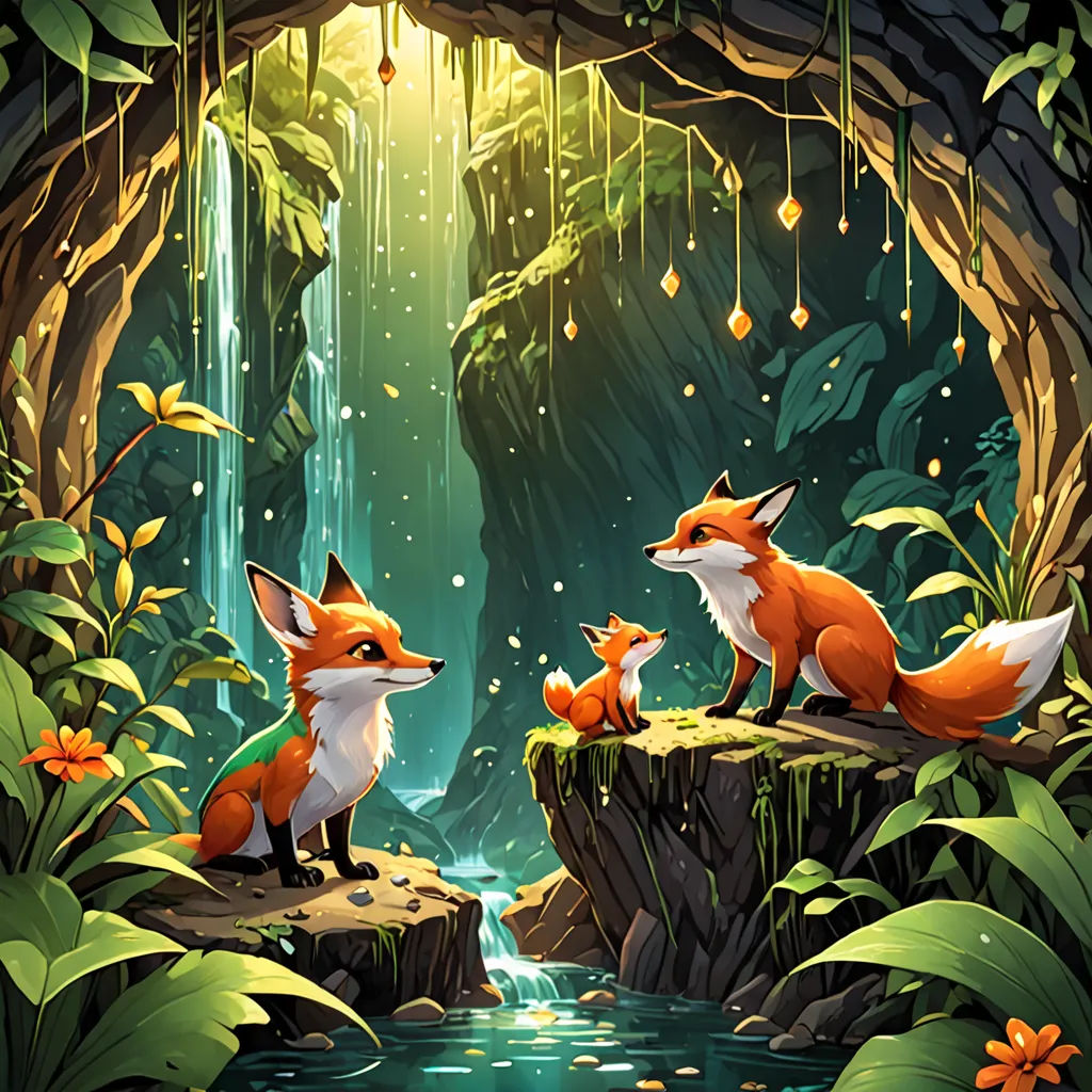 a couple of foxes sitting on top of a cliff next to a river in a forest with a waterfall, fantasy art, a storybook illustration, Cliff Childs, game art
