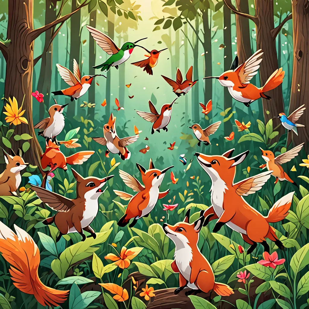 a painting of a forest with many birds and a fox in the middle of it, and a group of birds flying around, fantasy art, a storybook illustration, Chris LaBrooy, birds