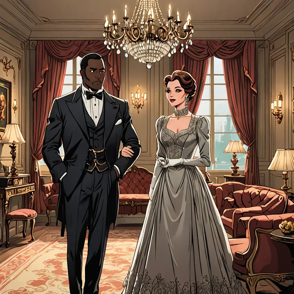 a man and a woman in formal wear standing in a room with chandeliers and a chandelier, harlem renaissance, a comic book panel, Elizabeth Forbes, official art