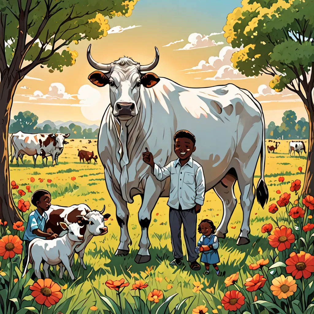 a man standing next to a cow in a field of flowers with two children standing next to it and a cow, regionalism, a storybook illustration, Asaf Hanuka, book cover