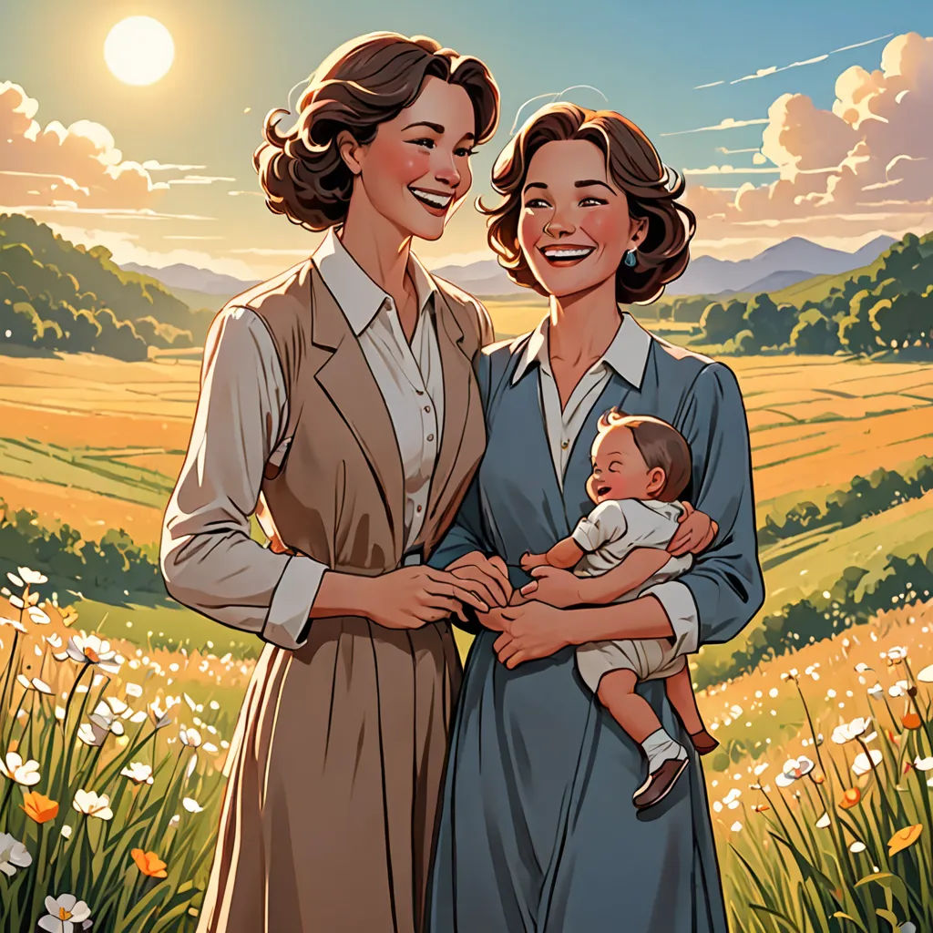 a painting of two women holding a baby in a field of flowers with a sun in the background and a field of flowers, socialist realism, a storybook illustration, Dong Kingman, official art
