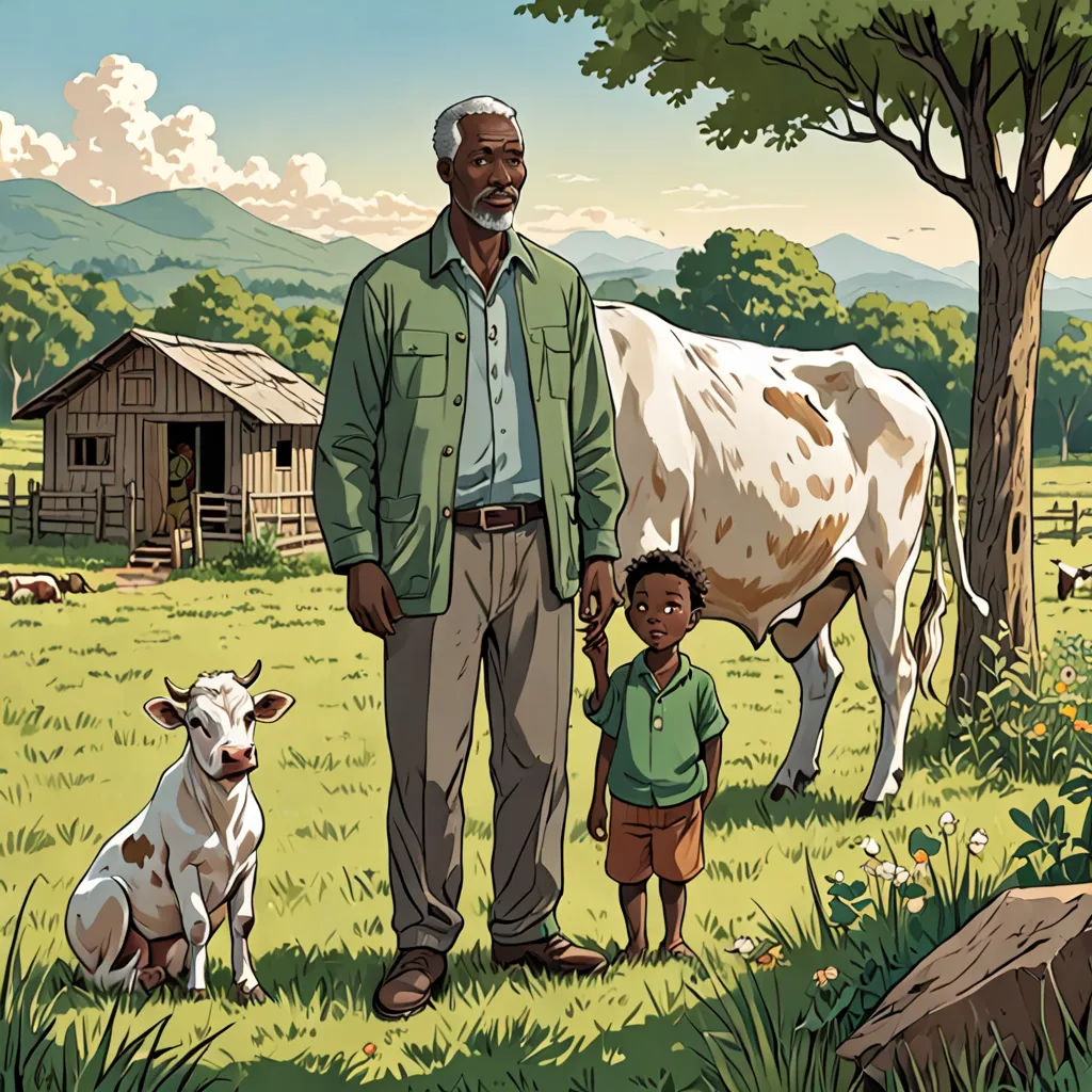 a man and a boy standing in a field with a cow and a barn in the background with a mountain range in the background, american realism, a storybook illustration, Asaf Hanuka, official art