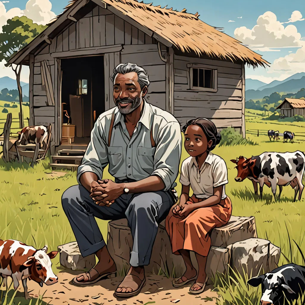 a man and a child sitting in front of a small house with cows in the background and a cow in the foreground, american realism, a comic book panel, Edward Otho Cresap Ord, II, official art