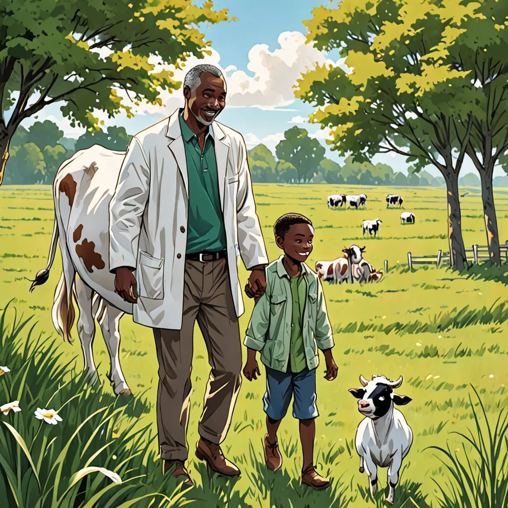 a man and a boy are walking in a field with cows and trees in the background, while a dog stands in the foreground, american realism, a storybook illustration, Colin Middleton, promotional image