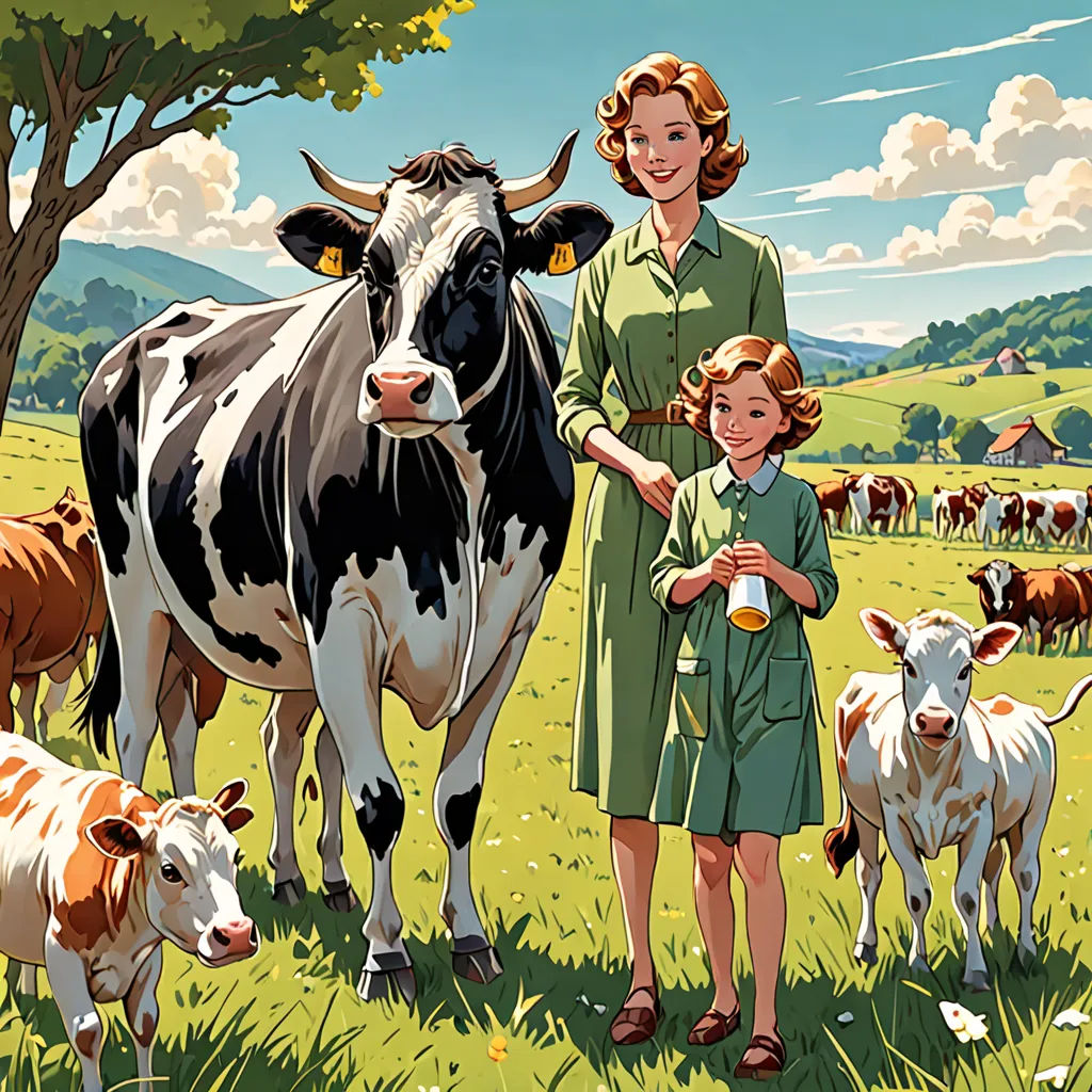 a woman and a child standing in a field with cows and cows behind them, with a sky background, synthetism, a storybook illustration, Colin Middleton, official art